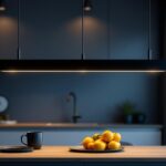 A photograph of a stylish black linear pendant light installed in a modern dining or kitchen setting