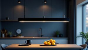 A photograph of a stylish black linear pendant light installed in a modern dining or kitchen setting