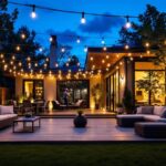 A photograph of a beautifully illuminated outdoor space featuring led string lights