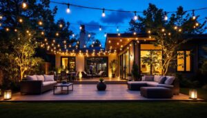 A photograph of a beautifully illuminated outdoor space featuring led string lights