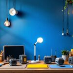 A photograph of a beautifully arranged workspace featuring a variety of magnetic transformers alongside stylish lighting fixtures