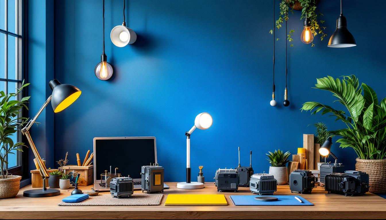 A photograph of a beautifully arranged workspace featuring a variety of magnetic transformers alongside stylish lighting fixtures