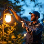 A photograph of a lighting contractor effortlessly installing a lamp post plug-in system in an outdoor setting