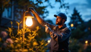 A photograph of a lighting contractor effortlessly installing a lamp post plug-in system in an outdoor setting