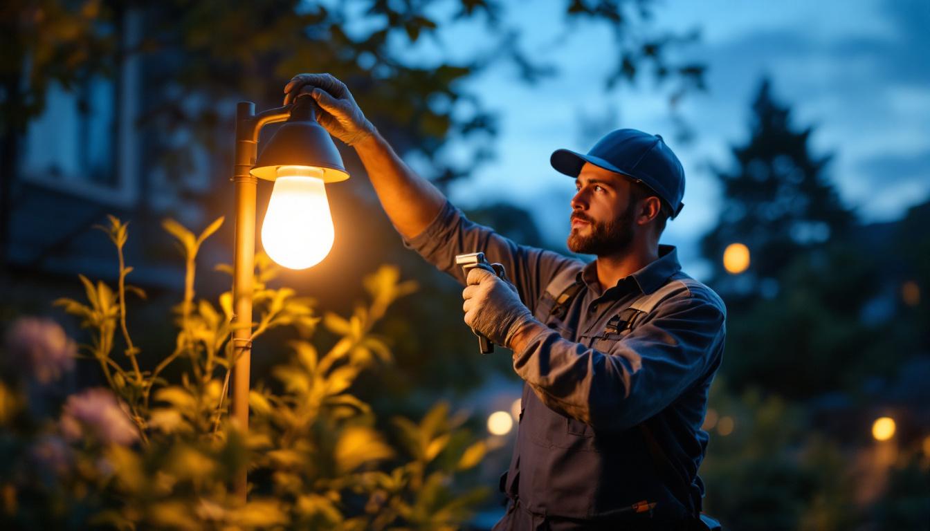 A photograph of a lighting contractor effortlessly installing a lamp post plug-in system in an outdoor setting