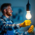 A photograph of a lighting contractor installing or showcasing a type 3 bulb in a residential or commercial setting