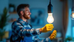 A photograph of a lighting contractor installing or showcasing a type 3 bulb in a residential or commercial setting