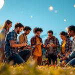 A photograph of a diverse group of team members engaged in a hands-on lighting training session outdoors