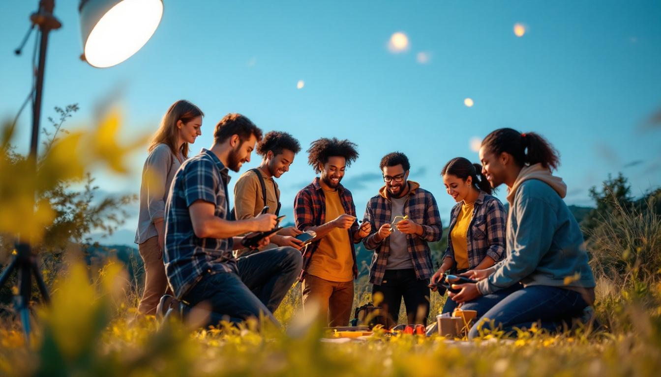 A photograph of a diverse group of team members engaged in a hands-on lighting training session outdoors