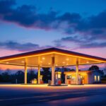 A photograph of a brightly lit gas station at dusk