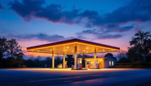 A photograph of a brightly lit gas station at dusk
