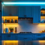 A photograph of a beautifully lit kitchen scene featuring led strip lights installed under the cabinets