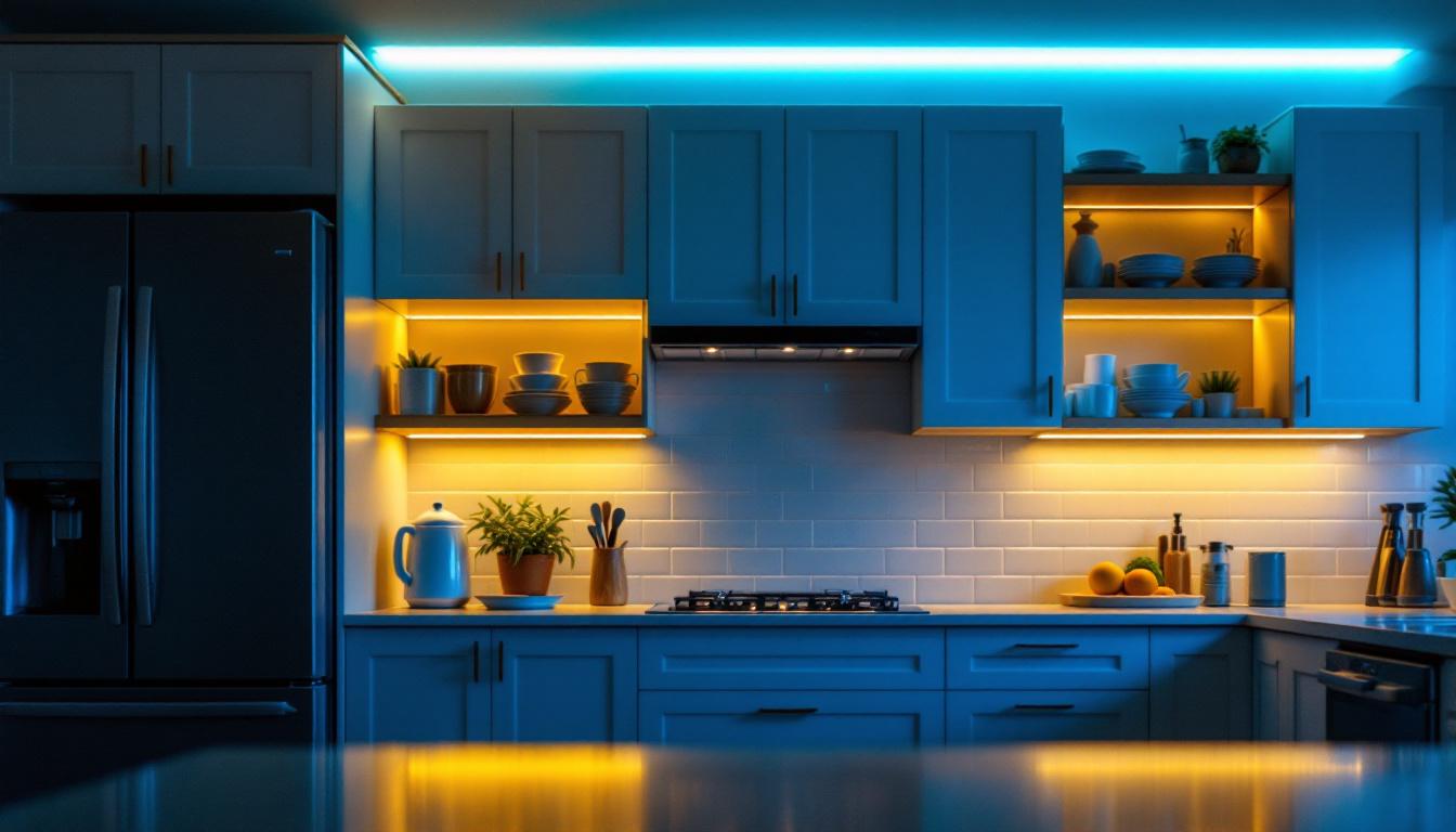 A photograph of a beautifully lit kitchen scene featuring led strip lights installed under the cabinets