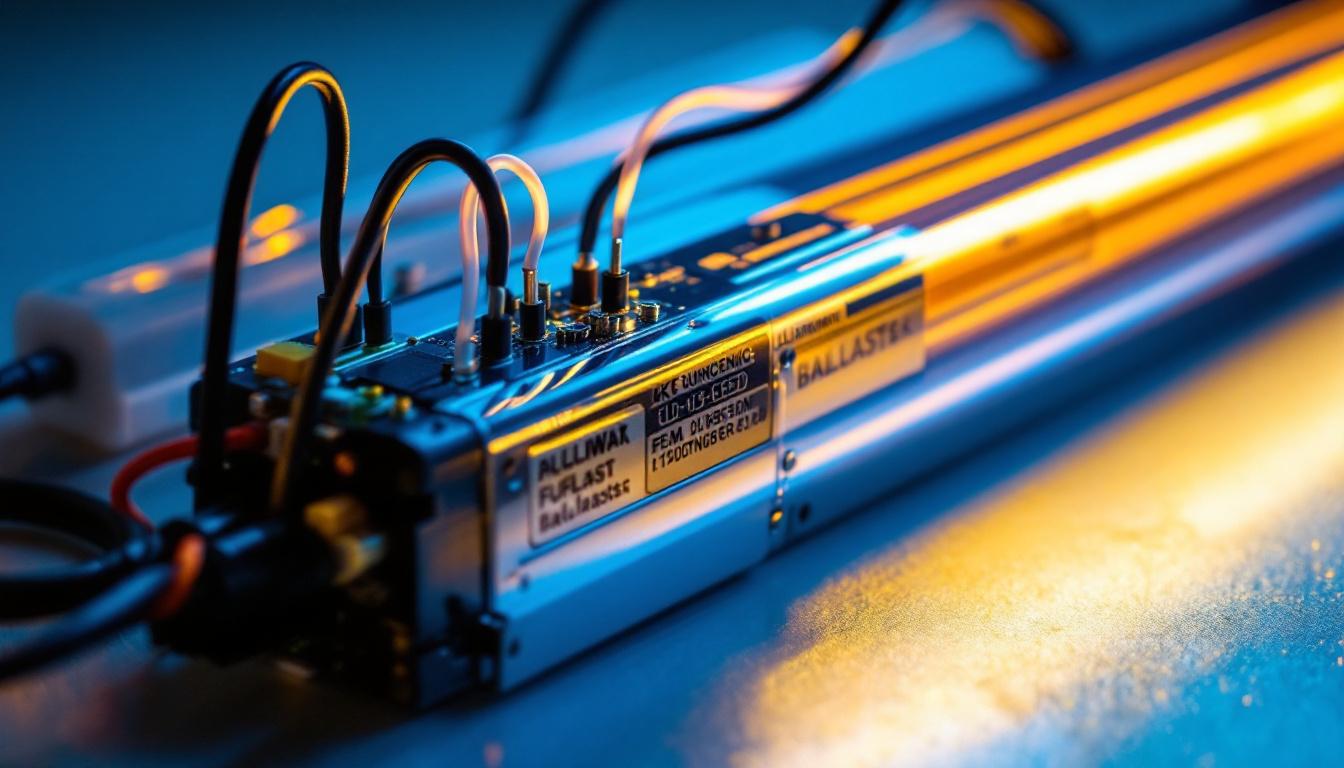 A photograph of a close-up of a fluorescent ballast alongside a lit fluorescent light fixture