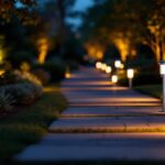A photograph of a beautifully illuminated outdoor driveway at dusk