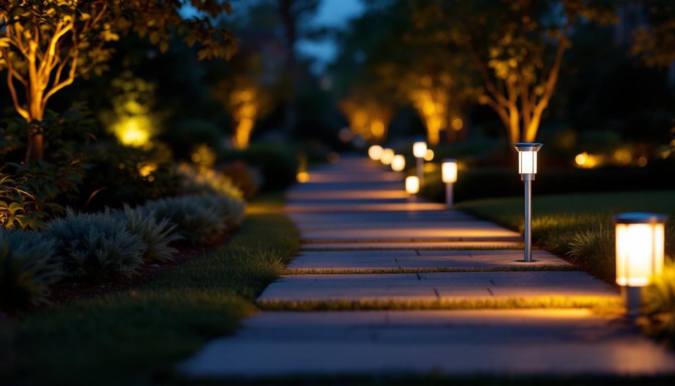 A photograph of a beautifully illuminated outdoor driveway at dusk