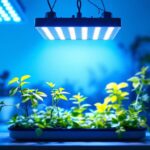 A photograph of a well-lit indoor gardening setup featuring various types of grow lights in action