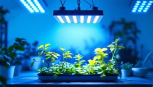 A photograph of a well-lit indoor gardening setup featuring various types of grow lights in action