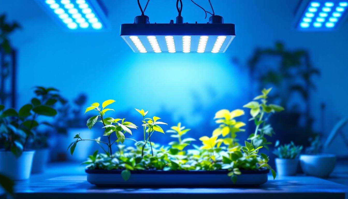 A photograph of a well-lit indoor gardening setup featuring various types of grow lights in action