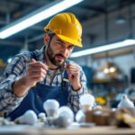 A photograph of a lighting contractor examining various types of recessed bulbs in a well-lit workspace