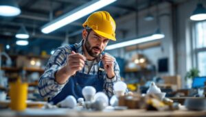 A photograph of a lighting contractor examining various types of recessed bulbs in a well-lit workspace