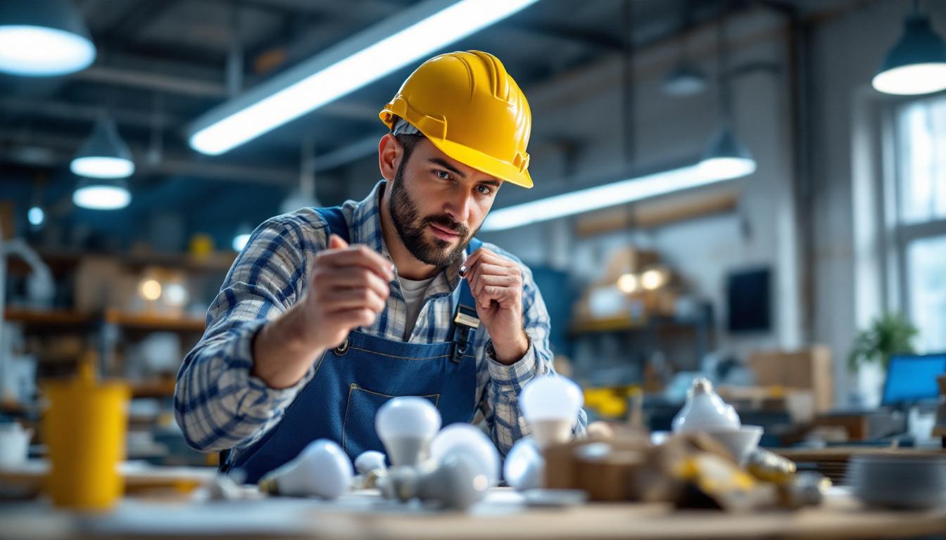 A photograph of a lighting contractor examining various types of recessed bulbs in a well-lit workspace