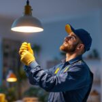 A photograph of a lighting contractor expertly installing a sleek