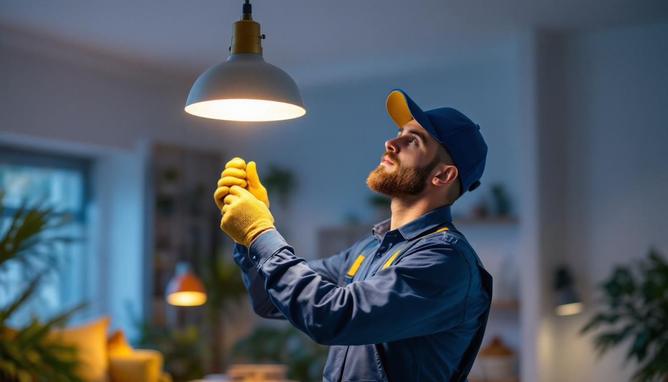 A photograph of a lighting contractor expertly installing a sleek