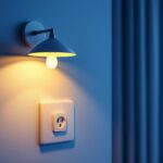 A photograph of a stylish light fixture with an integrated power outlet