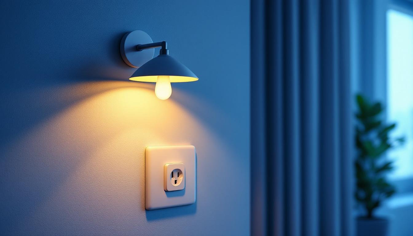 A photograph of a stylish light fixture with an integrated power outlet