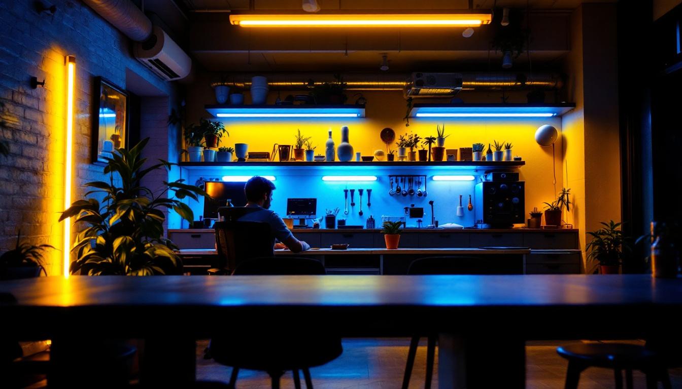 A photograph of a modern workspace or commercial setting illuminated by vibrant fluorescent lighting