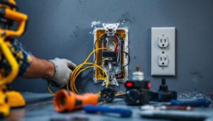A photograph of a lighting contractor installing a two gang bell box extension in a residential setting