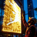 A photograph of a brightly lit led advertising sign in an urban setting