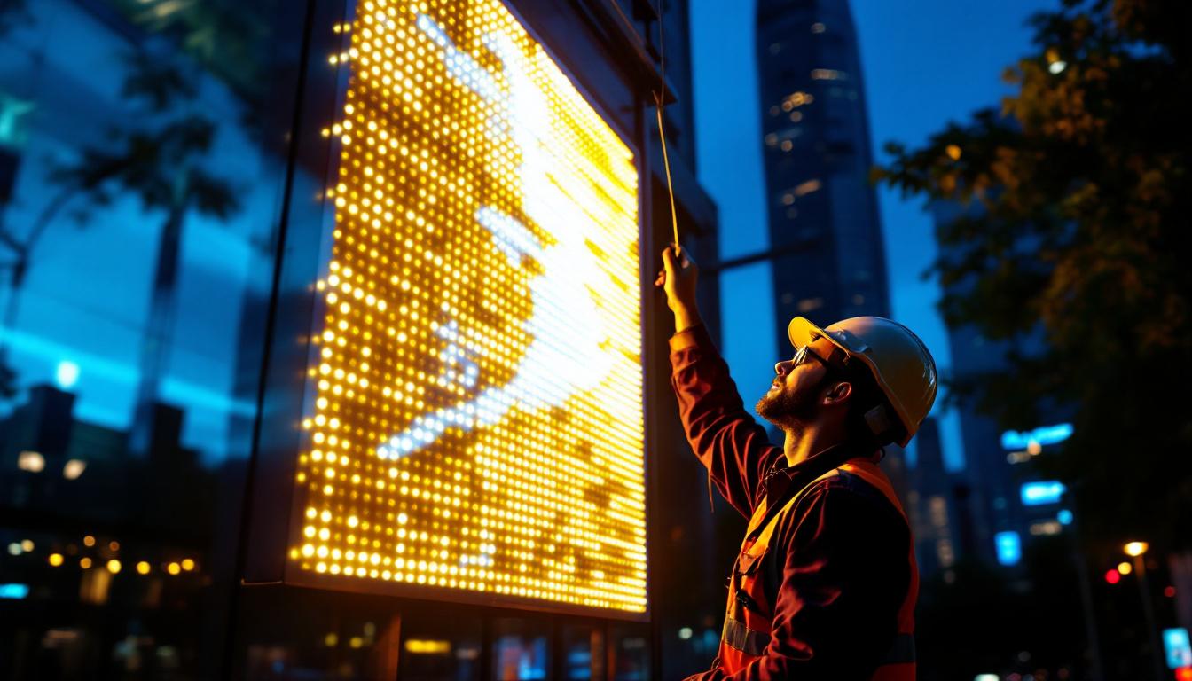 A photograph of a brightly lit led advertising sign in an urban setting