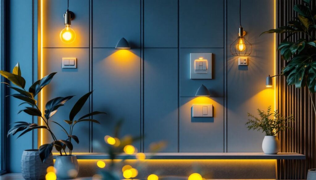 A photograph of a stylishly designed electric switch wall in a modern interior setting