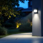 A photograph of a well-lit outdoor space featuring a stylish motion sensor security light in action