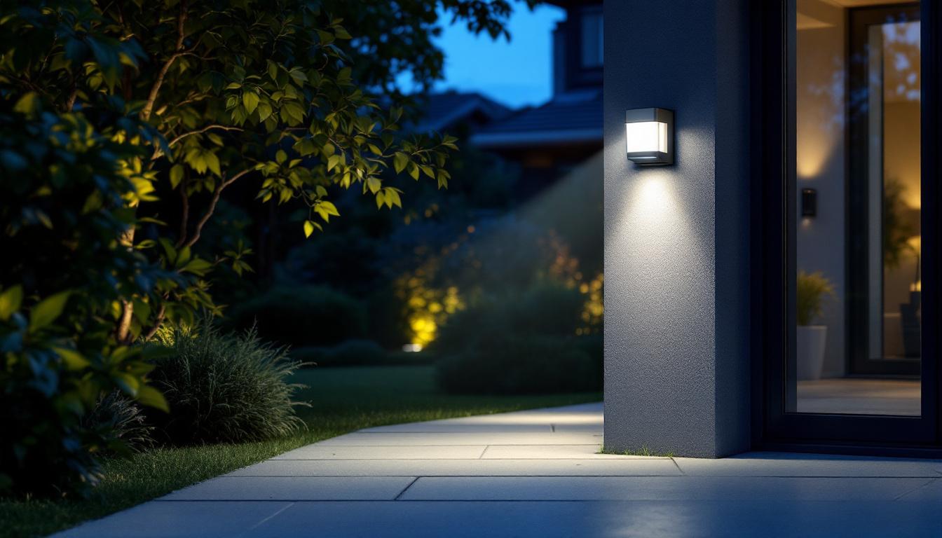 A photograph of a well-lit outdoor space featuring a stylish motion sensor security light in action