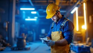 A photograph of a lighting contractor using the t5 technology on a job site