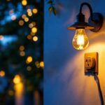 A photograph of a beautifully illuminated outdoor space featuring an aesthetically pleasing light fixture with a nearby electrical outlet