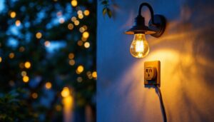 A photograph of a beautifully illuminated outdoor space featuring an aesthetically pleasing light fixture with a nearby electrical outlet
