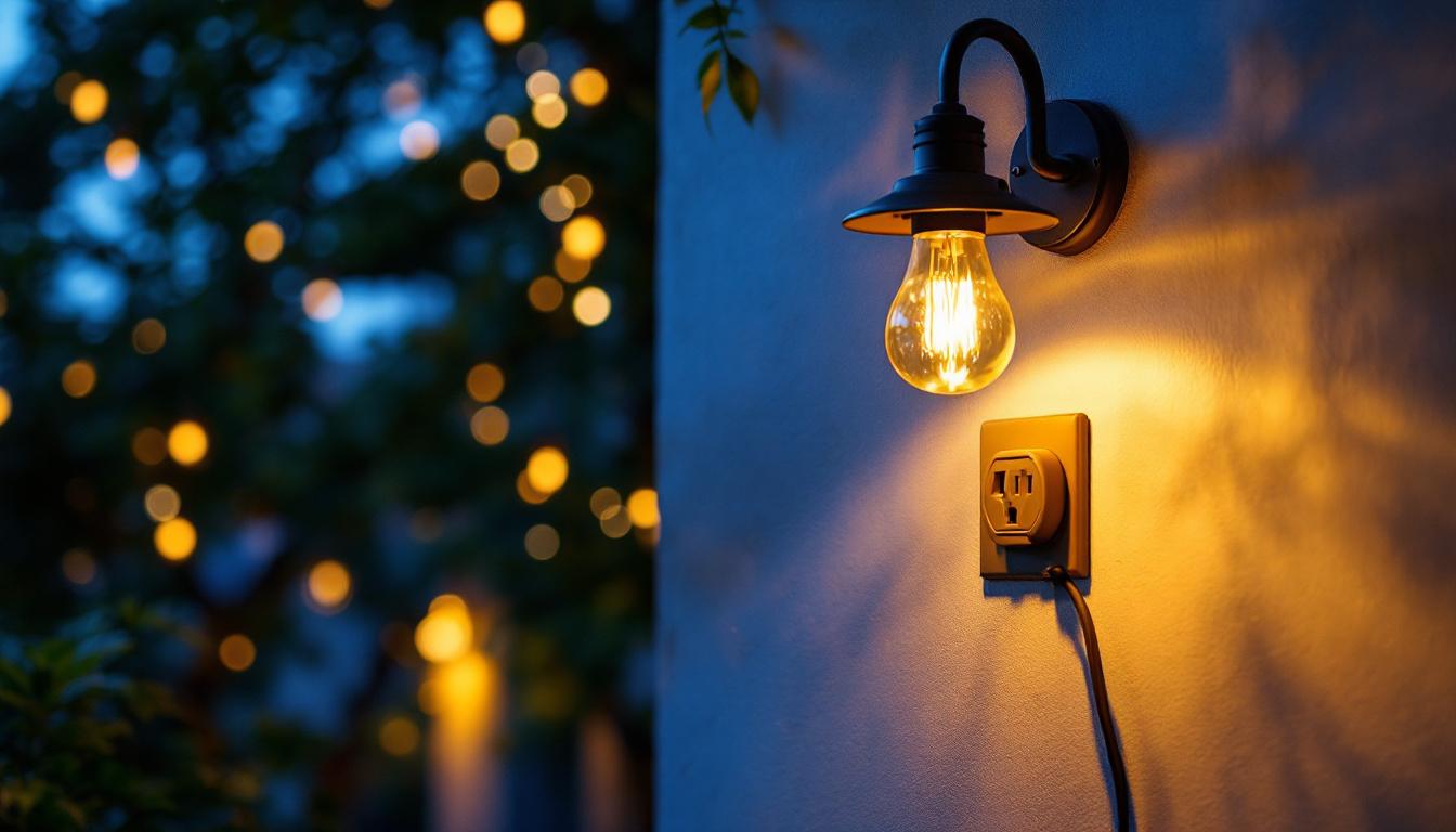 A photograph of a beautifully illuminated outdoor space featuring an aesthetically pleasing light fixture with a nearby electrical outlet