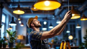 A photograph of a lighting contractor expertly installing or adjusting various types of lighting fixtures in a well-lit space