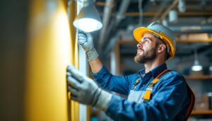 A photograph of a lighting contractor demonstrating the installation of an energy-efficient led light fixture in a commercial space