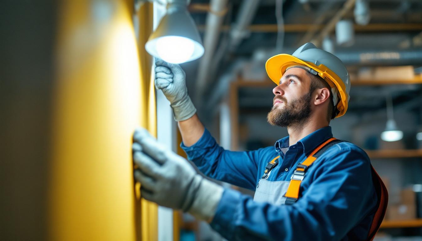 A photograph of a lighting contractor demonstrating the installation of an energy-efficient led light fixture in a commercial space