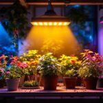 A photograph of a well-lit indoor gardening setup featuring vibrant plants under various led grow lights