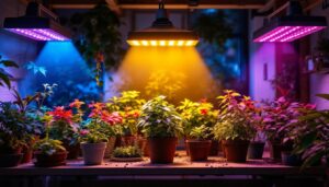 A photograph of a well-lit indoor gardening setup featuring vibrant plants under various led grow lights