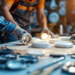 A photograph of a well-organized workspace featuring various 6-inch can light covers