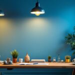 A photograph of a well-lit workspace featuring various types of light fixtures