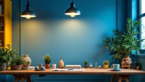 A photograph of a well-lit workspace featuring various types of light fixtures
