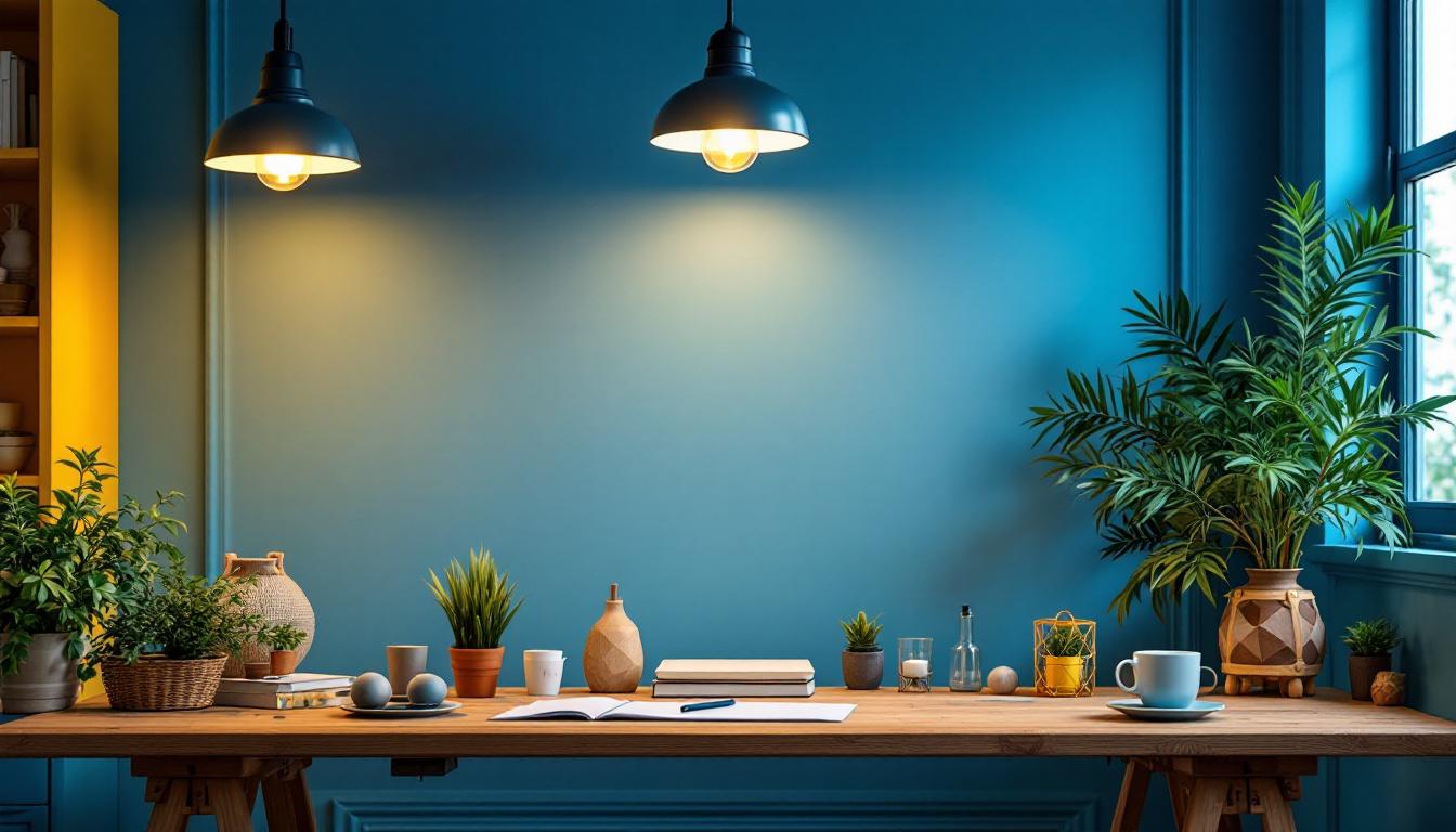A photograph of a well-lit workspace featuring various types of light fixtures